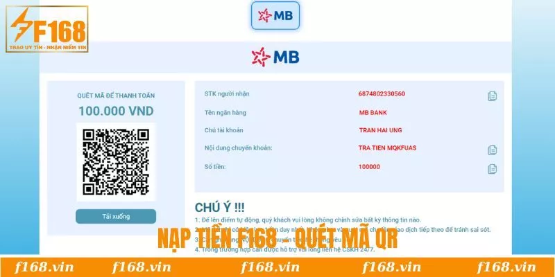 Nạp Tiền F168 | Hướng Dẫn Giao Dịch Nhanh Nhất 2025 5 Quét mã QR thanh toán nạp tiền tại F168