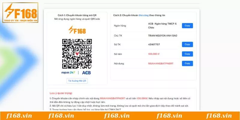 Nạp Tiền F168 | Hướng Dẫn Giao Dịch Nhanh Nhất 2025 4 Hoàn tất giao dịch nạp nhanh F168