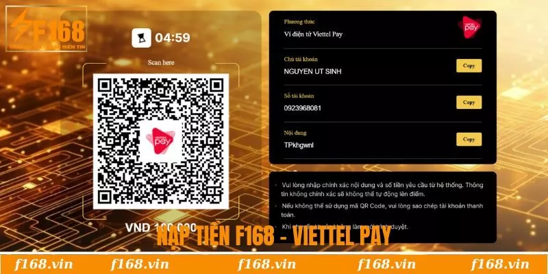 Nạp Tiền F168 | Hướng Dẫn Giao Dịch Nhanh Nhất 2025 7 Thanh toán nạp tiền bằng Viettel Pay